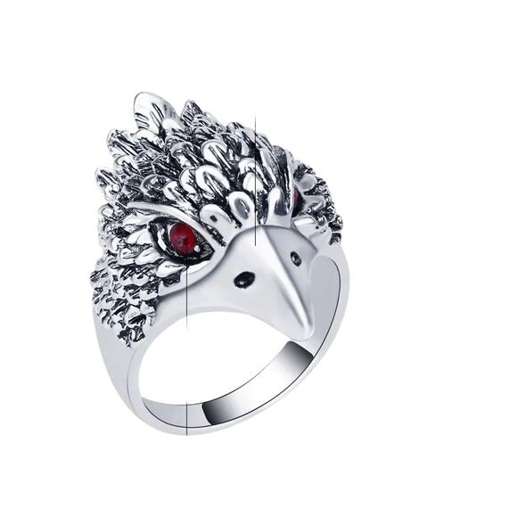 Antiqued Ancient Silver Round Red Crystal Eye Falcon Head Ring Size 10 - Picture 5 of 6